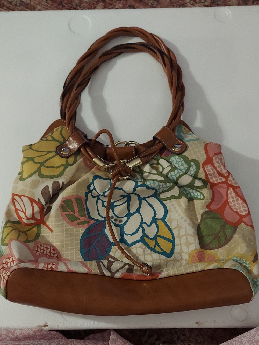 Relic Cream Floral Canvas Hobo with Brown Trim